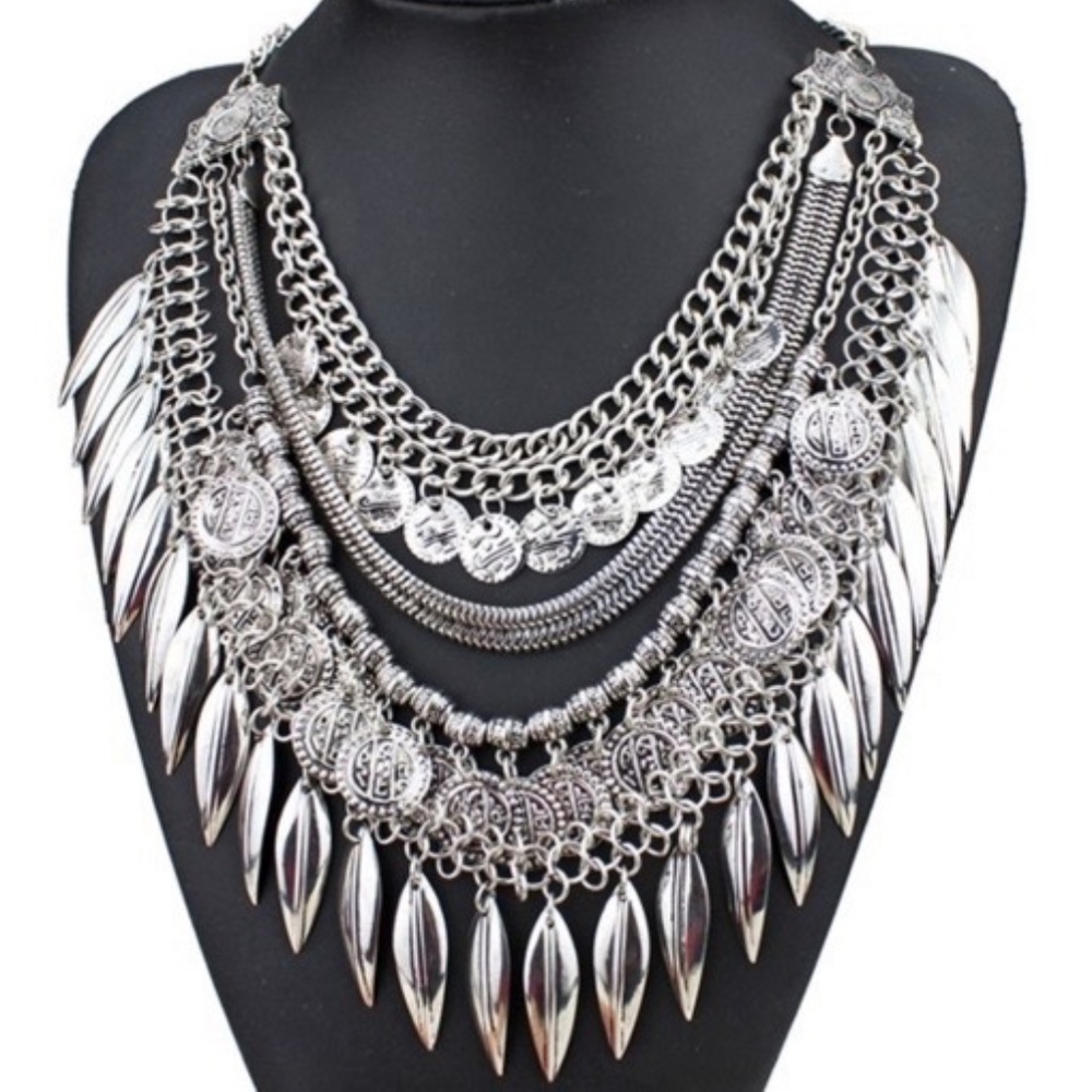 Silver Coin Tribal Statement Necklace